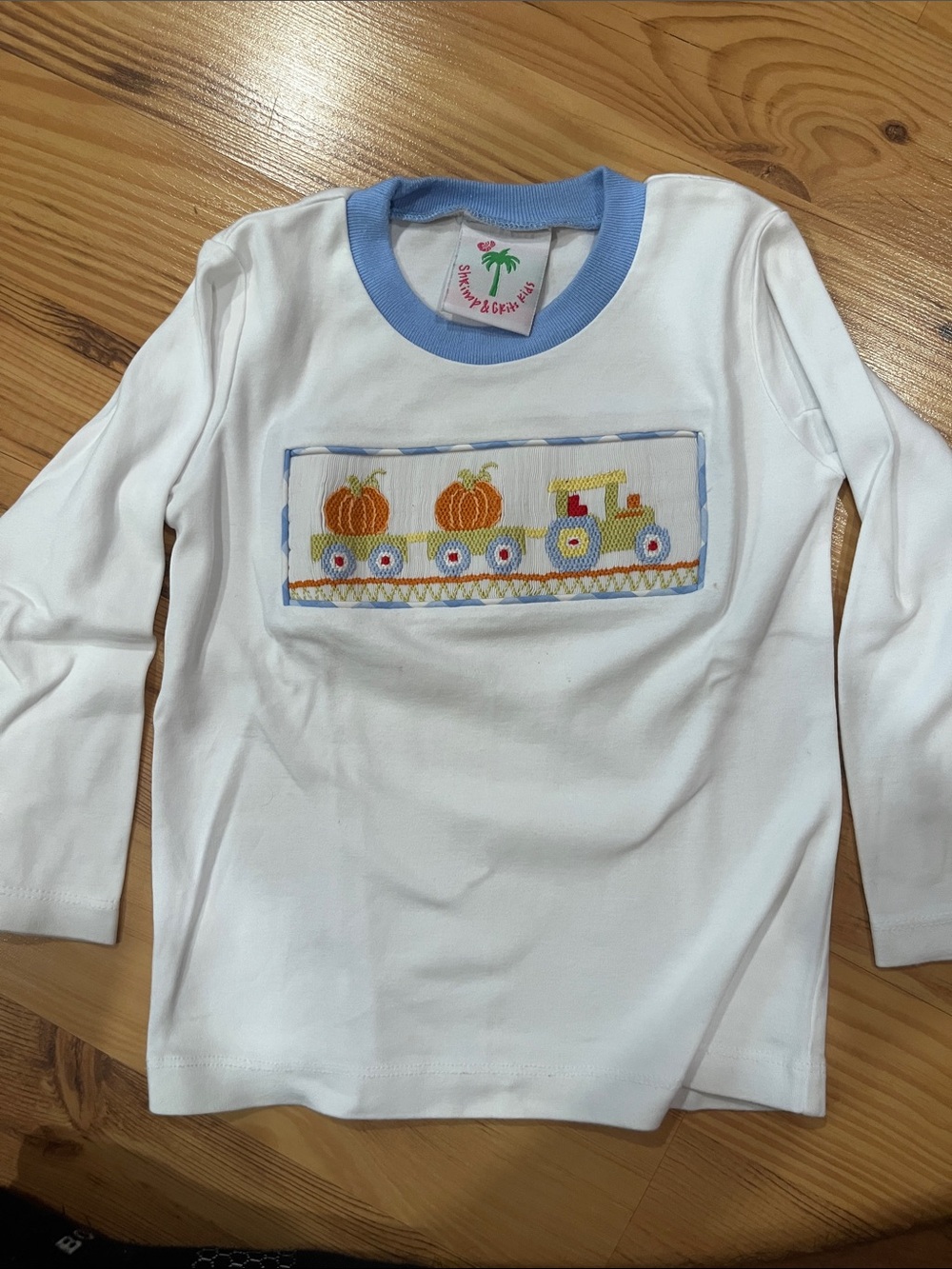 Shrimp & Grits Kids White Long-Sleeve Kids Tee with Blue Trim and Pumpkin Train